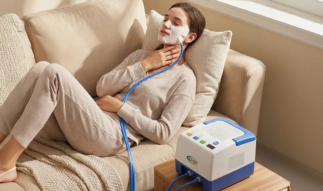 A woman reclining on a beige couch with a blue neck device connected to a white and blue machine on a wooden table beside her.