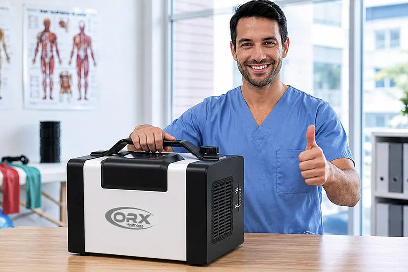 A smiling man in blue medical scrubs stands behind a table, holding the handle of an ORX Medical portable treatment device and giving a thumbs-up in an office setting.